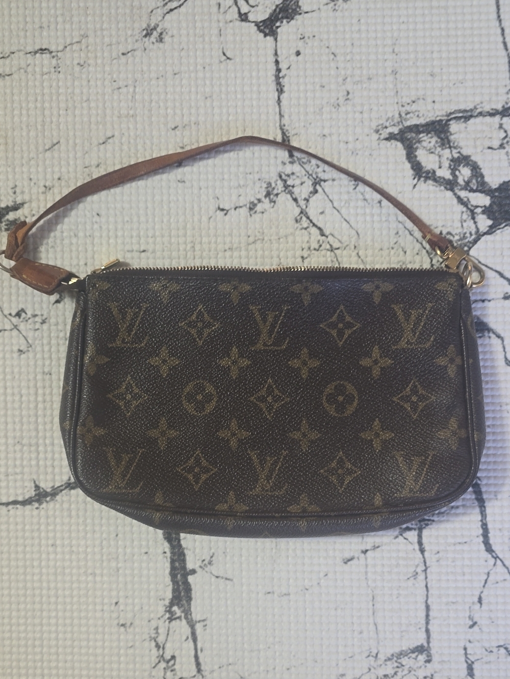 Vintage Louis Vuitton Brown Monogram Compact Cosmetics Pouch with Tan Strap